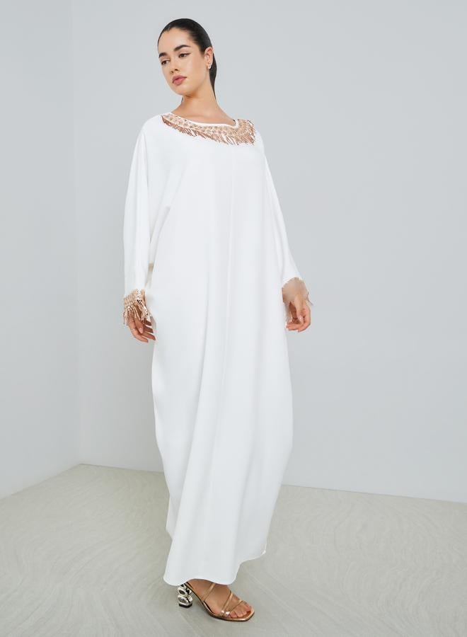 Amirah Women White Embellished Batwing Sleeve Kaftan - Image 5